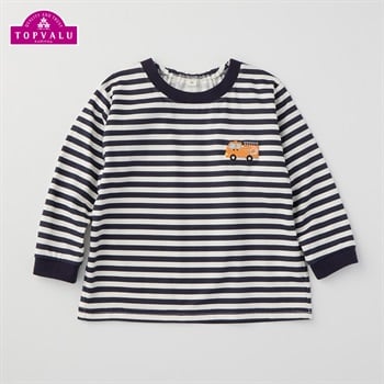 消防車刺繍 ボーダー柄 長袖Tシャツ トップバリュ ベビー(ネイビー-80cm)