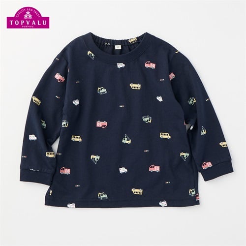 車総柄プリント 長袖Tシャツ トップバリュ ベビー(ネイビー-80cm)