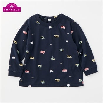 車総柄プリント 長袖Tシャツ トップバリュ ベビー(ネイビー-80cm)