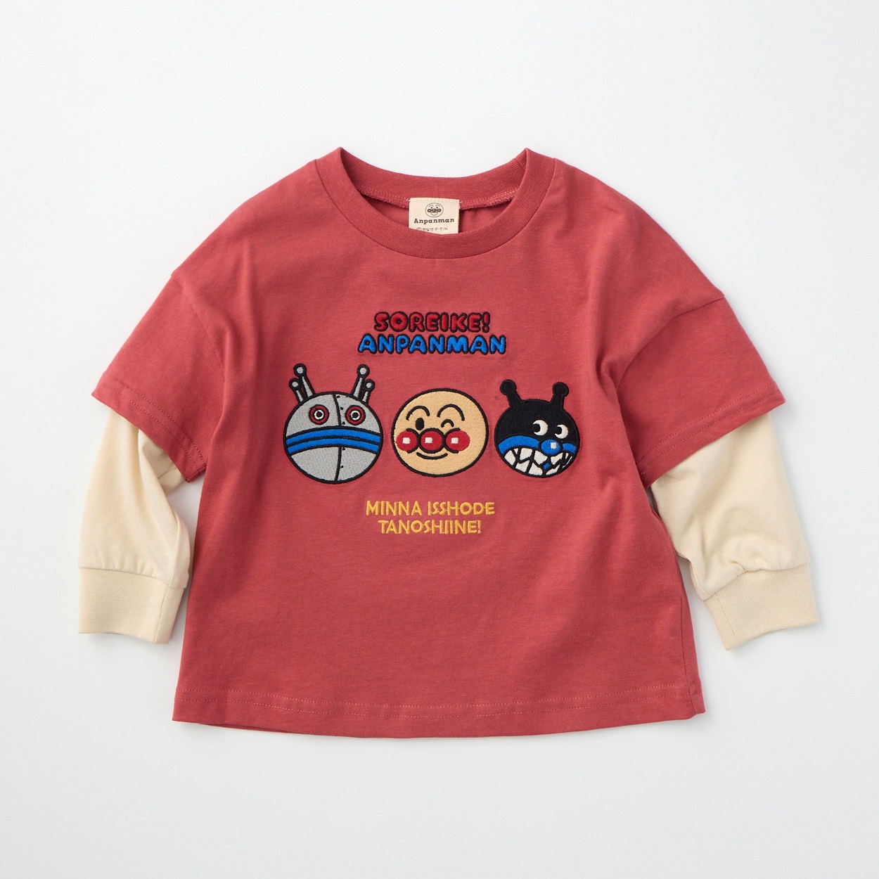 アンパンマン 顔刺繍 袖フェイクレイヤード 天竺 長袖Tシャツ ベビー(レッド-80cm)