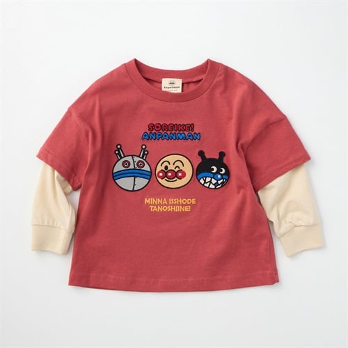 アンパンマン 顔刺繍 袖フェイクレイヤード 天竺 長袖Tシャツ ベビー