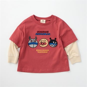 アンパンマン 顔刺繍 袖フェイクレイヤード 天竺 長袖Tシャツ ベビー(レッド-90cm)