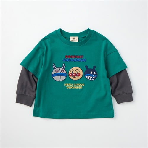 アンパンマン 顔刺繍 袖フェイクレイヤード 天竺 長袖Tシャツ ベビー(グリーン-80cm)