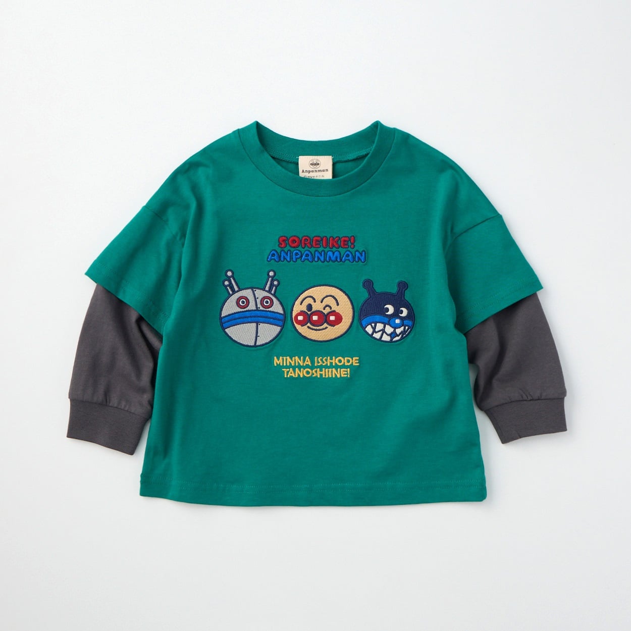 アンパンマン 顔刺繍 袖フェイクレイヤード 天竺 長袖Tシャツ ベビー(グリーン-95cm)