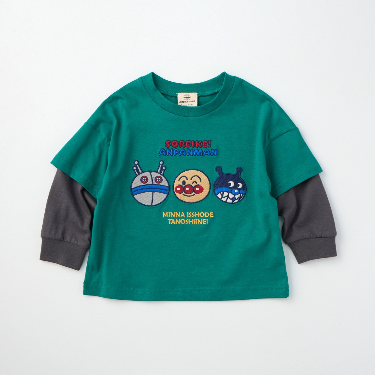アンパンマン 顔刺繍 袖フェイクレイヤード 天竺 長袖Tシャツ ベビー(グリーン-100cm)