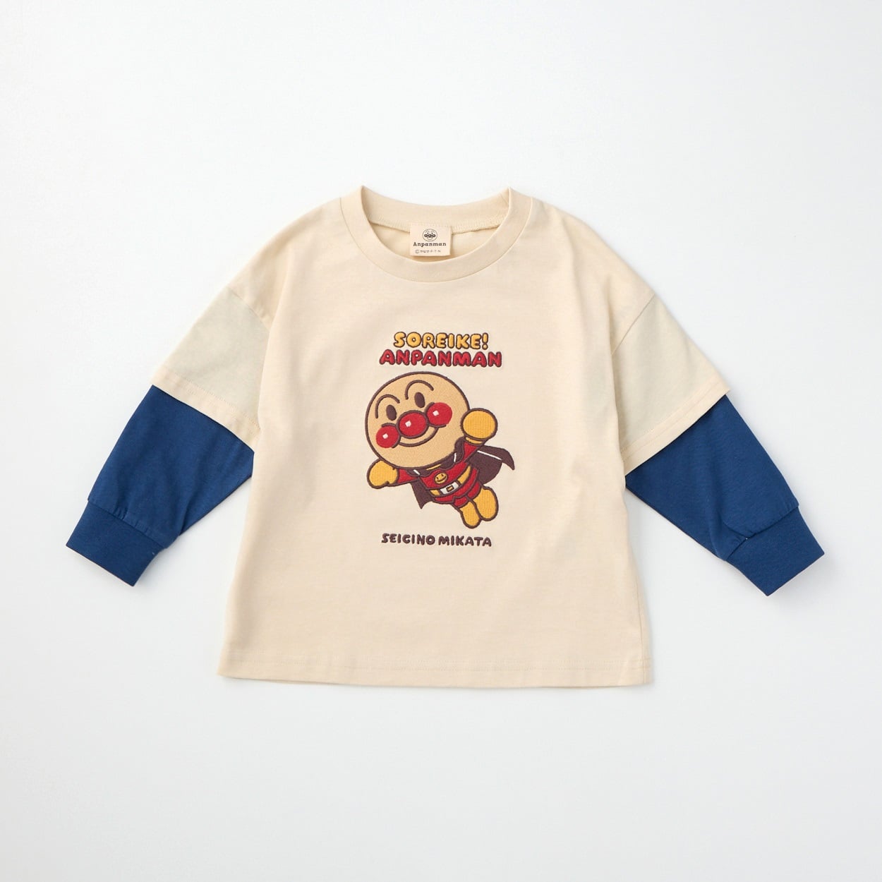 アンパンマン 刺繍 袖フェイクレイヤード 天竺 長袖Tシャツ ベビー(ライトベージュ-80cm)
