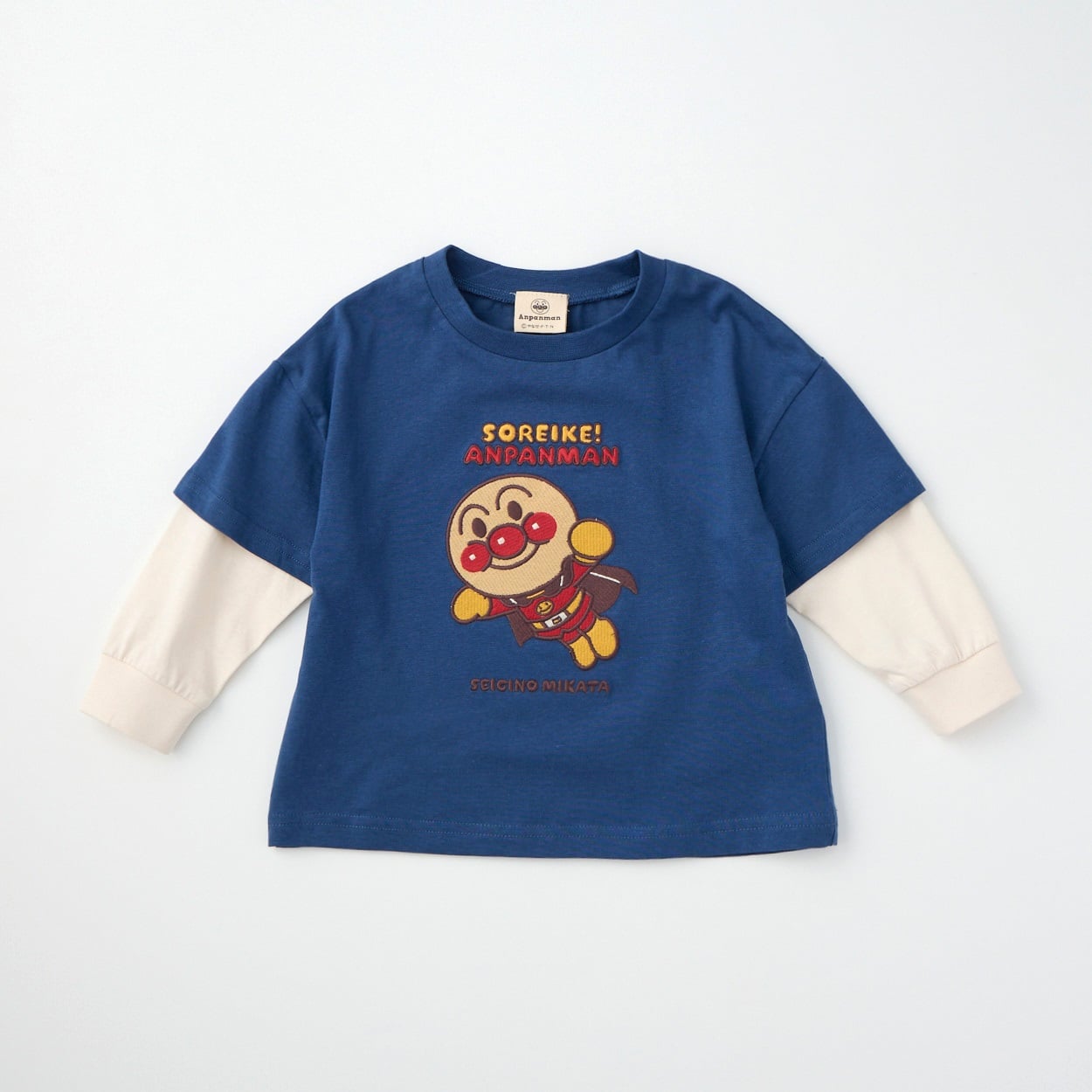 アンパンマン 刺繍 袖フェイクレイヤード 天竺 長袖Tシャツ ベビー(ネイビー-90cm)
