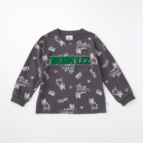 Buddy Lee 犬総柄 天竺 長袖Tシャツ ベビー キッズ(チャコールグレー-80cm)