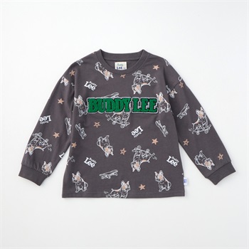 Buddy Lee 犬総柄 天竺 長袖Tシャツ ベビー キッズ(チャコールグレー-80cm)