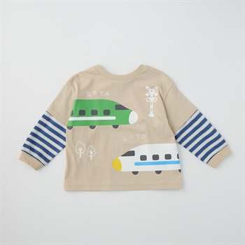 Chum up 天竺 電車柄 袖フェイク ぱぱっと長袖Tシャツ ベビー(ベージュ-80cm)