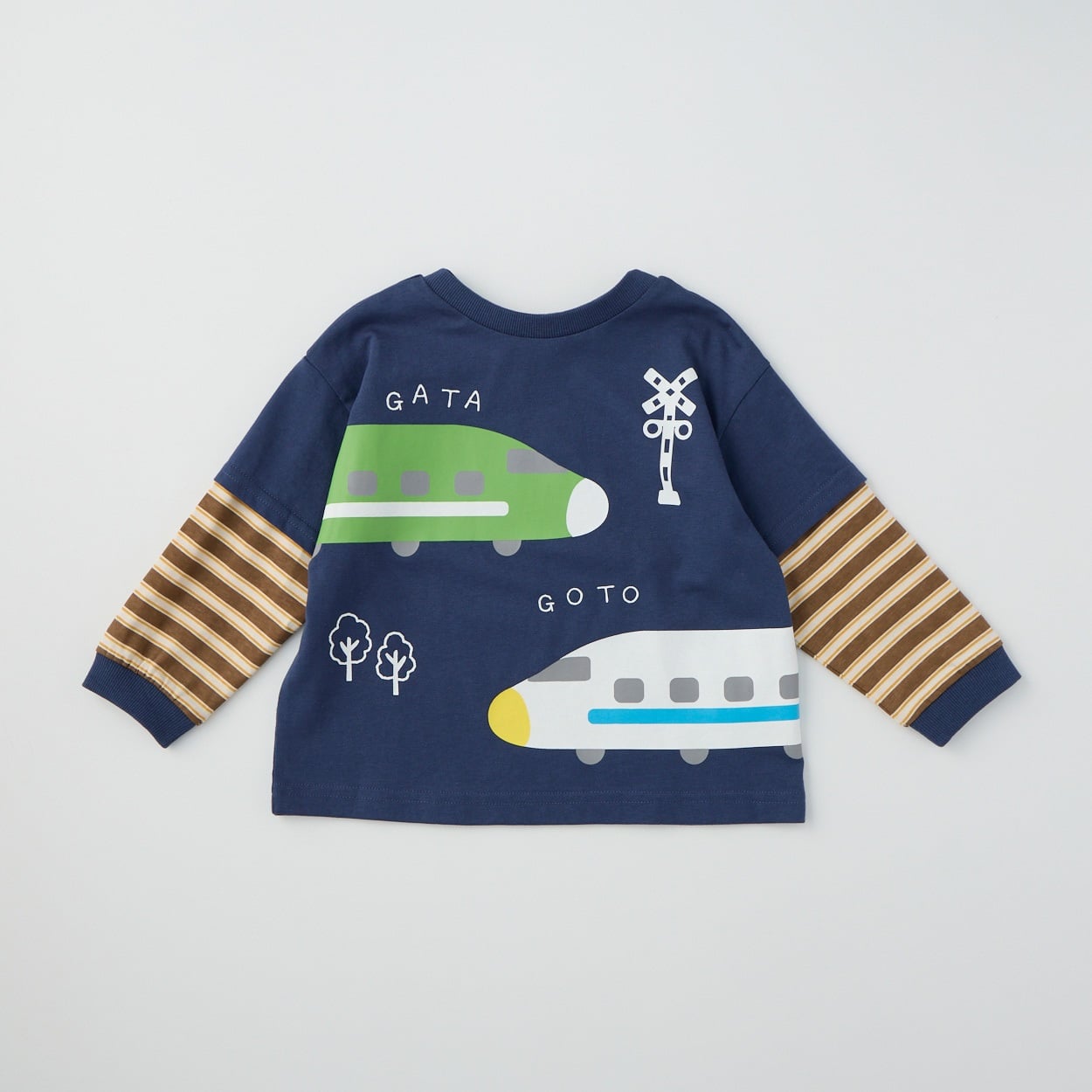 Chum up 天竺 電車柄 袖フェイク ぱぱっと長袖Tシャツ ベビー(ネイビー-80cm)