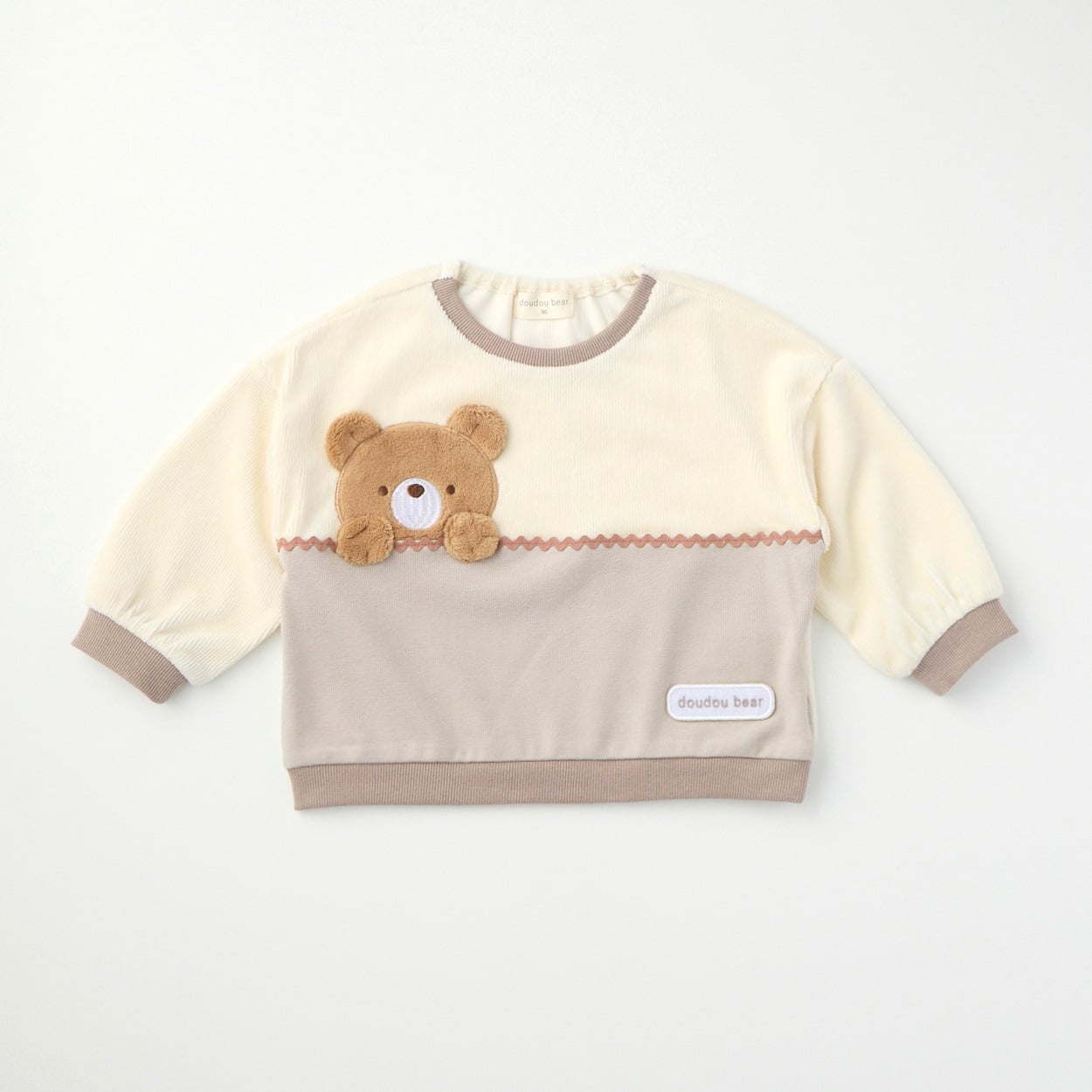 doudou bear 切替 くまボアアップリケ コーデュロイトレーナー ベビー(グレージュ-90cm)