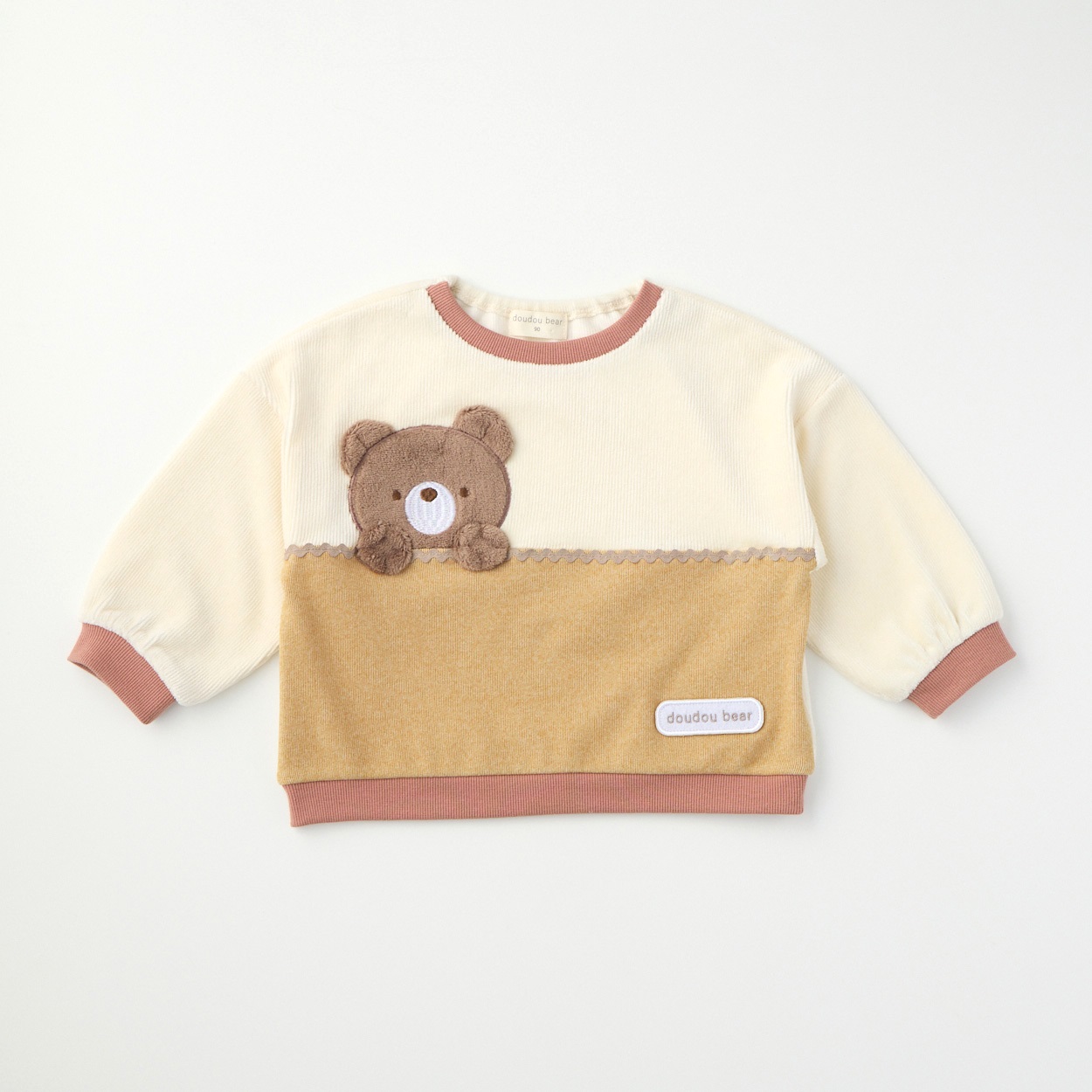 doudou bear 切替 くまボアアップリケ コーデュロイトレーナー ベビー(イエローブラウン-80cm)