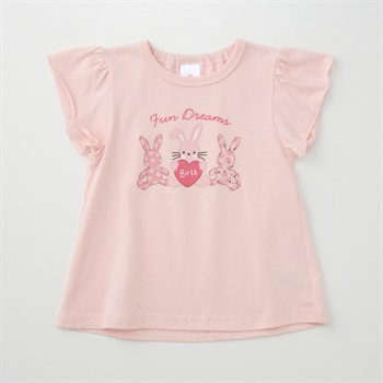 うさぎ柄プリント 天竺 フリル袖Tシャツ ベビー(ピンク-80cm)