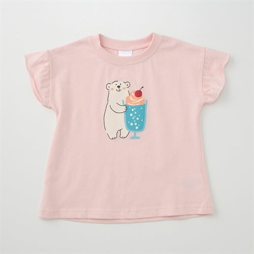 くま&クリームソーダ柄プリント 天竺 フリル袖Tシャツ ベビー