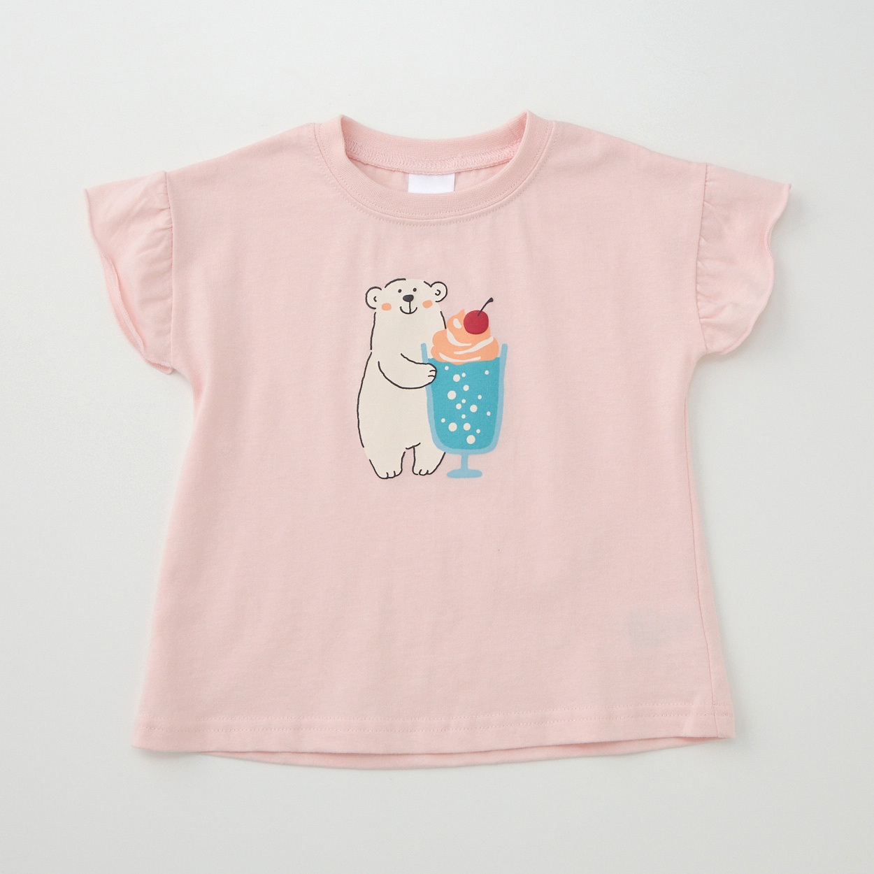 くま&クリームソーダ柄プリント 天竺 フリル袖Tシャツ ベビー(ピンク-80cm)