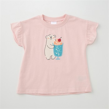 くま&クリームソーダ柄プリント 天竺 フリル袖Tシャツ ベビー(ピンク-80cm)