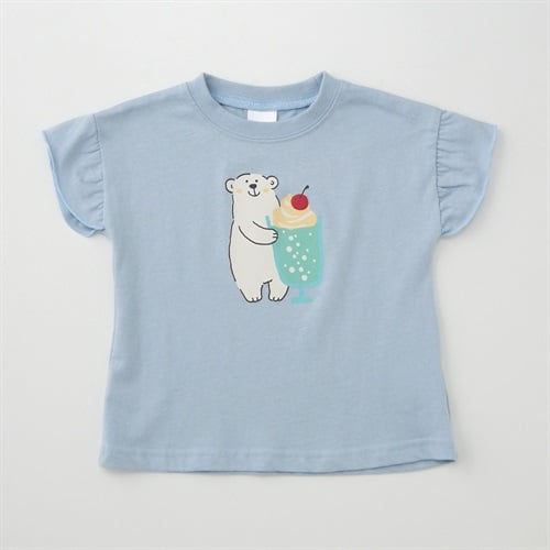 くま&クリームソーダ柄プリント 天竺 フリル袖Tシャツ ベビー(サックス-80cm)