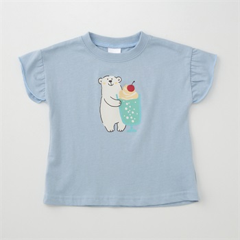 くま&クリームソーダ柄プリント 天竺 フリル袖Tシャツ ベビー(サックス-80cm)