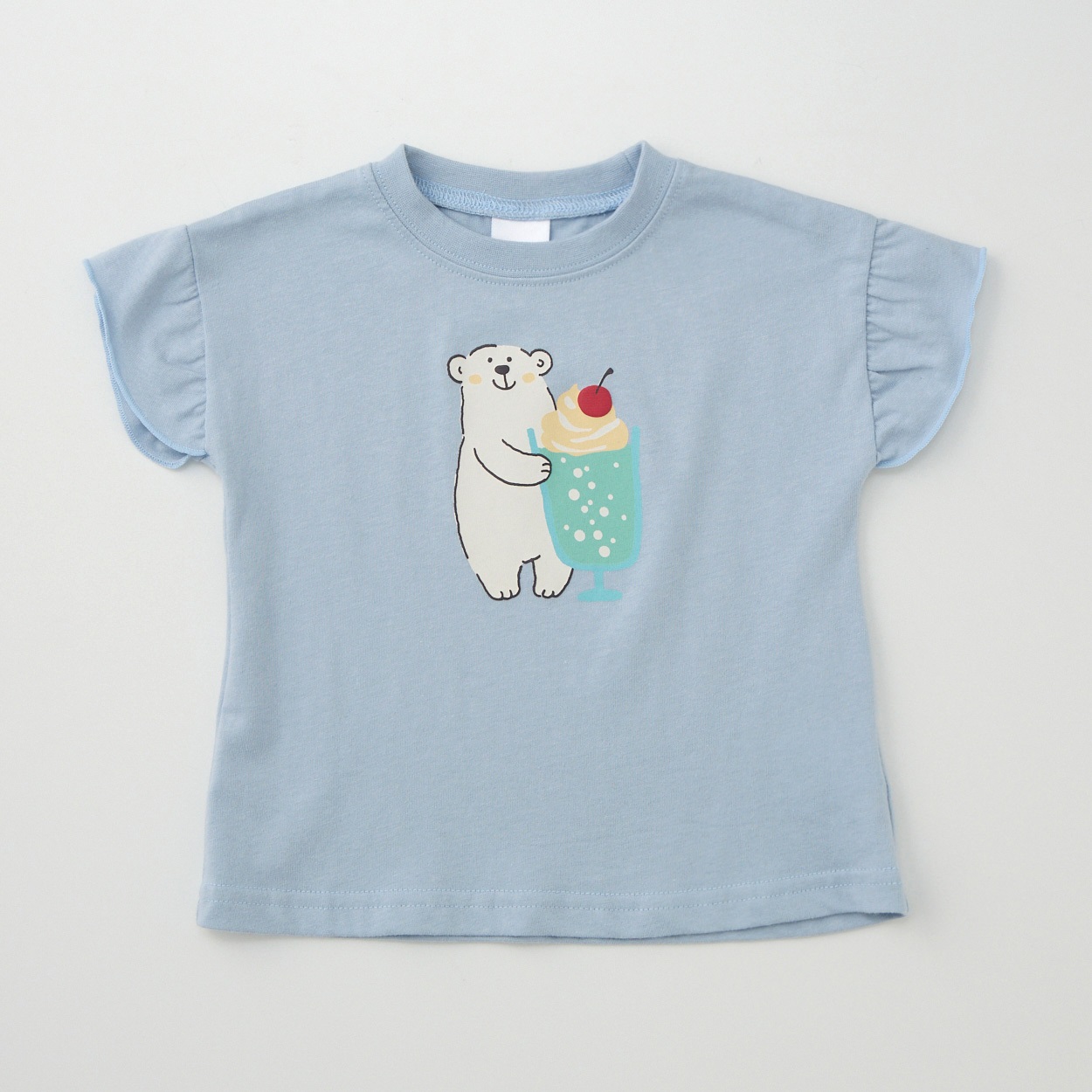くま&クリームソーダ柄プリント 天竺 フリル袖Tシャツ ベビー(サックス-90cm)