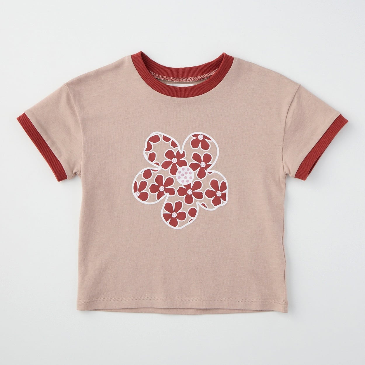 ハイビスカス柄 天竺 半袖Tシャツ ベビー(ブラウン-90cm)