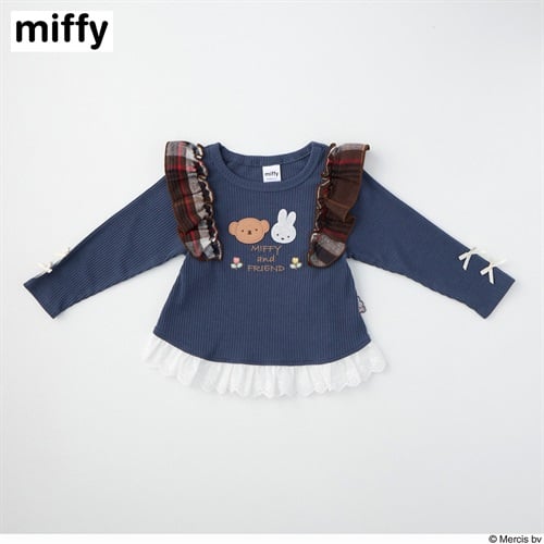 ミッフィー テレコ 裾レース 長袖Tシャツ ベビー(ネイビー-80cm)