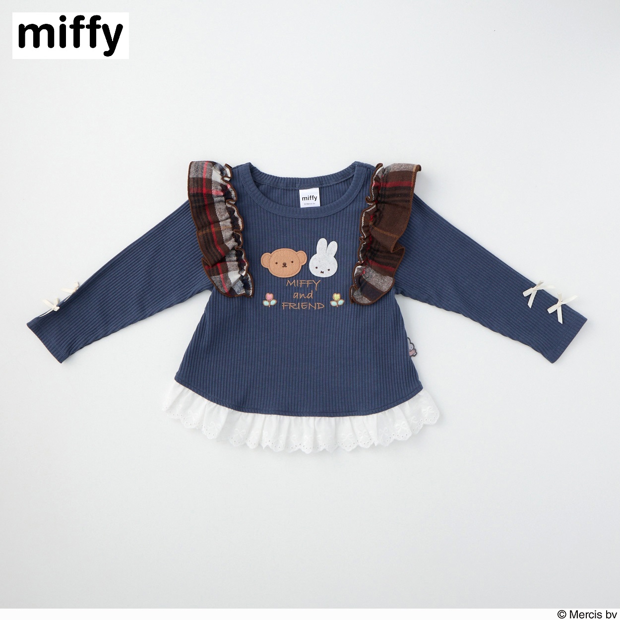 ミッフィー テレコ 裾レース 長袖Tシャツ ベビー(ネイビー-90cm)