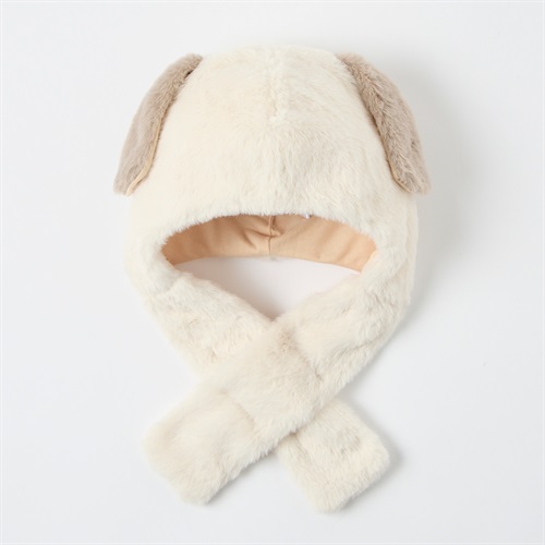 マフラー付きボアフード 帽子 ベビー キッズ(犬(アイボリー)-頭囲：48～50cm)