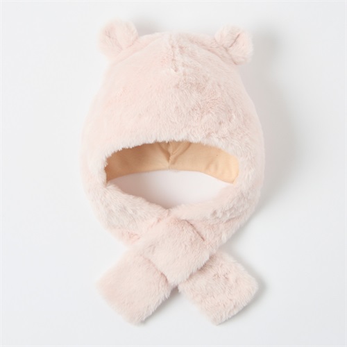 マフラー付きボアフード 帽子 ベビー キッズ(くま(ピンク)-頭囲：48～50cm)