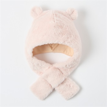 マフラー付きボアフード 帽子 ベビー キッズ(くま(ピンク)-頭囲：48～50cm)