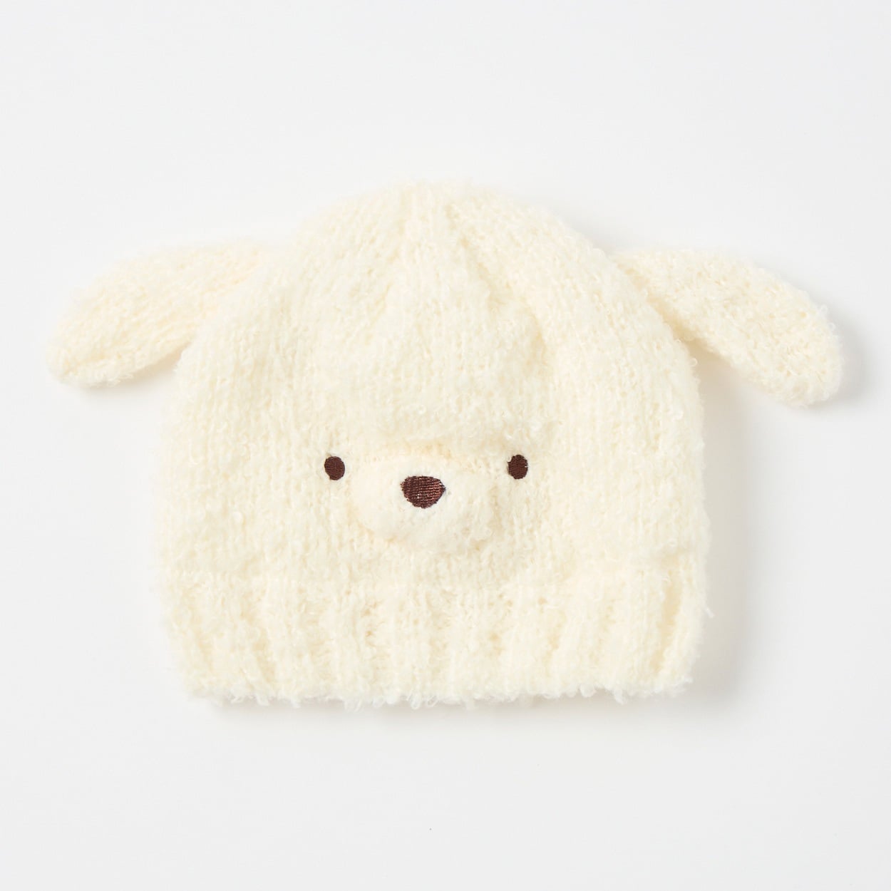 ふわもこニット帽 帽子 ベビー(犬(オフホワイト)-頭囲：46～48cm)