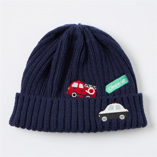 Chum up 乗り物ワッペン ニット帽 ベビー(働く車(ネイビー)-頭囲：48cm)