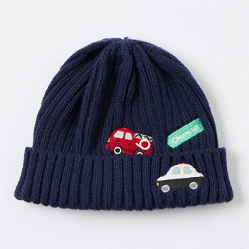 Chum up 乗り物ワッペン ニット帽 ベビー(働く車(ネイビー)-頭囲：48cm)