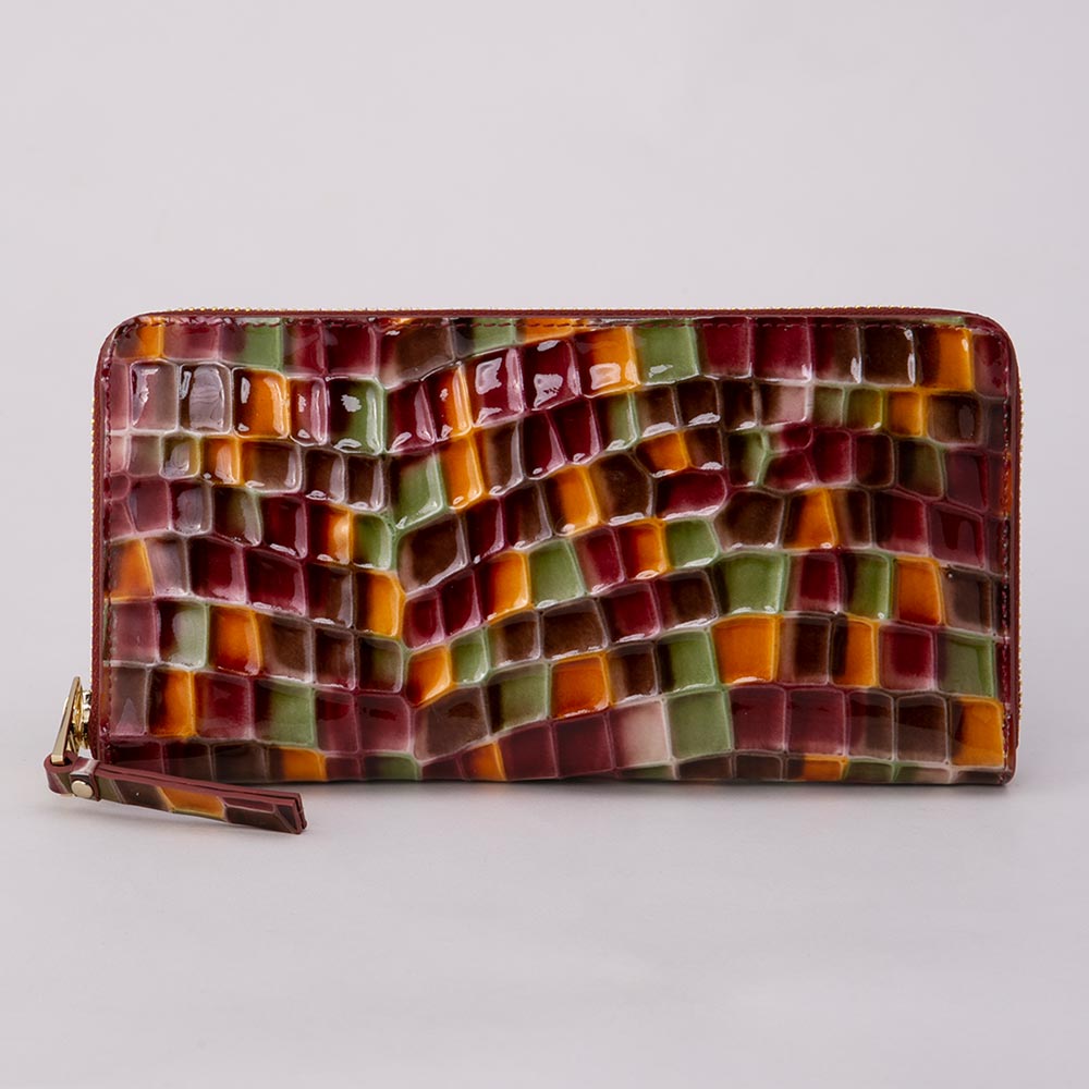 イタリアレザーモザイク柄ラウンドファスナー長財布レディス