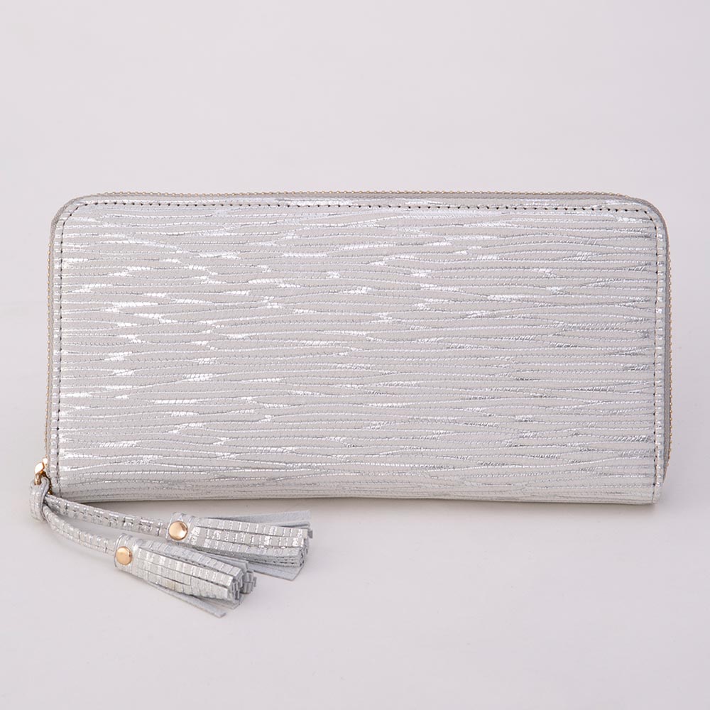 RFID搭載/美品✨プラダ　長財布　ラウンドジップ シャイン レザー グレー イタリアレザータッセル付水シボ模様ラウンドファスナー長財布レディス