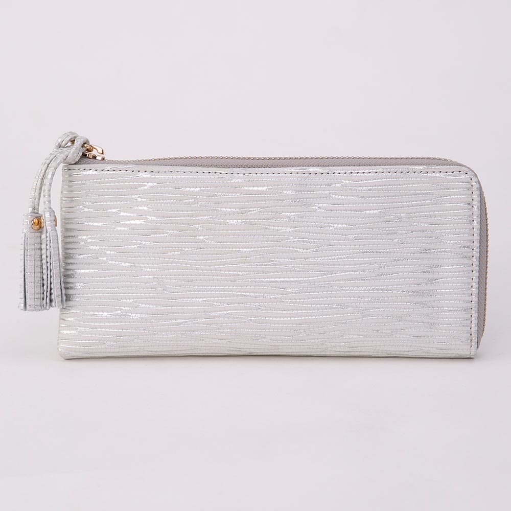 イタリアレザータッセル付水シボ模様薄マチL字ファスナー長財布