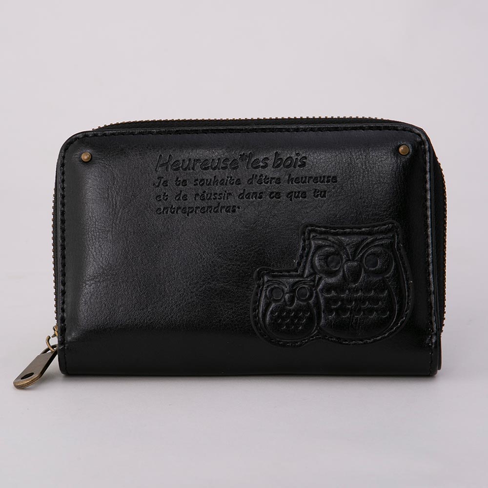 フクロウ パッチワーク 縁起が良い ラウンドファスナー 二つ折 札入れ