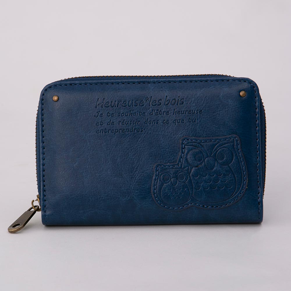 フクロウ パッチワーク 縁起が良い ラウンドファスナー 二つ折 札入れ