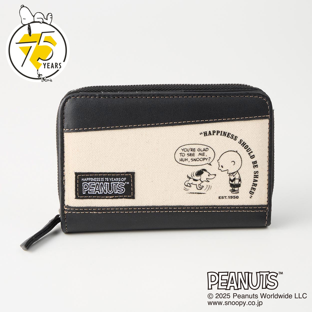 スヌーピー　財布　デニム ピーナッツ（PEANUTS）75周年アートデニムラウンドファスナー折財布