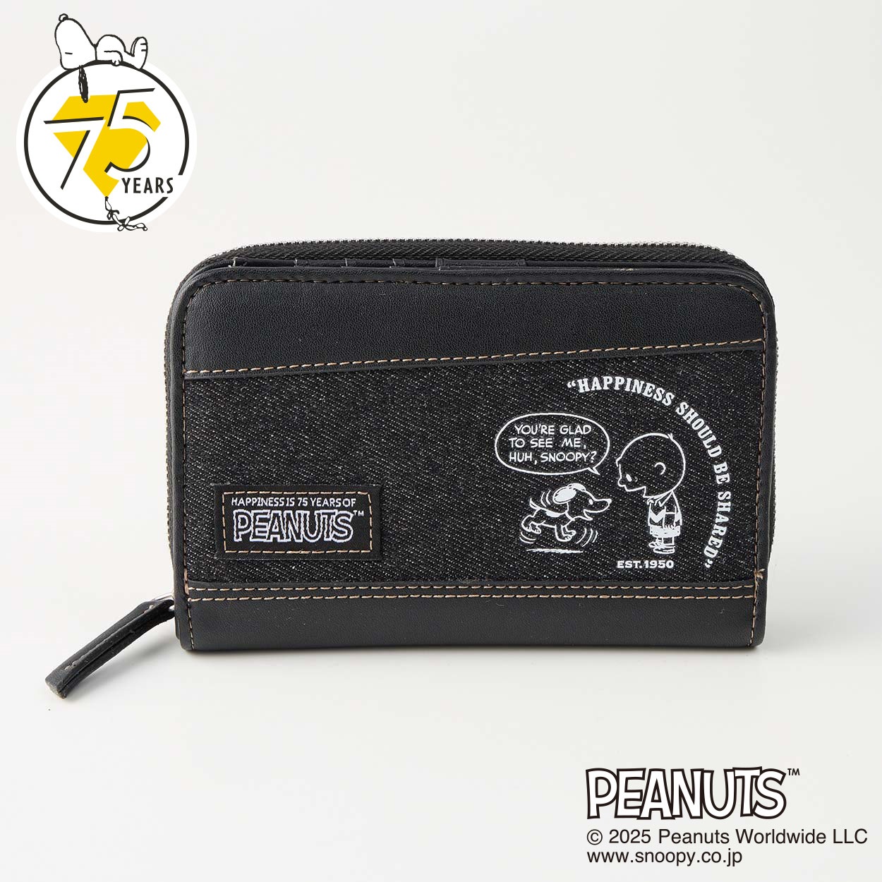 ピーナッツ（PEANUTS）75周年アートデニムラウンドファスナー折財布(クロ-フリー)