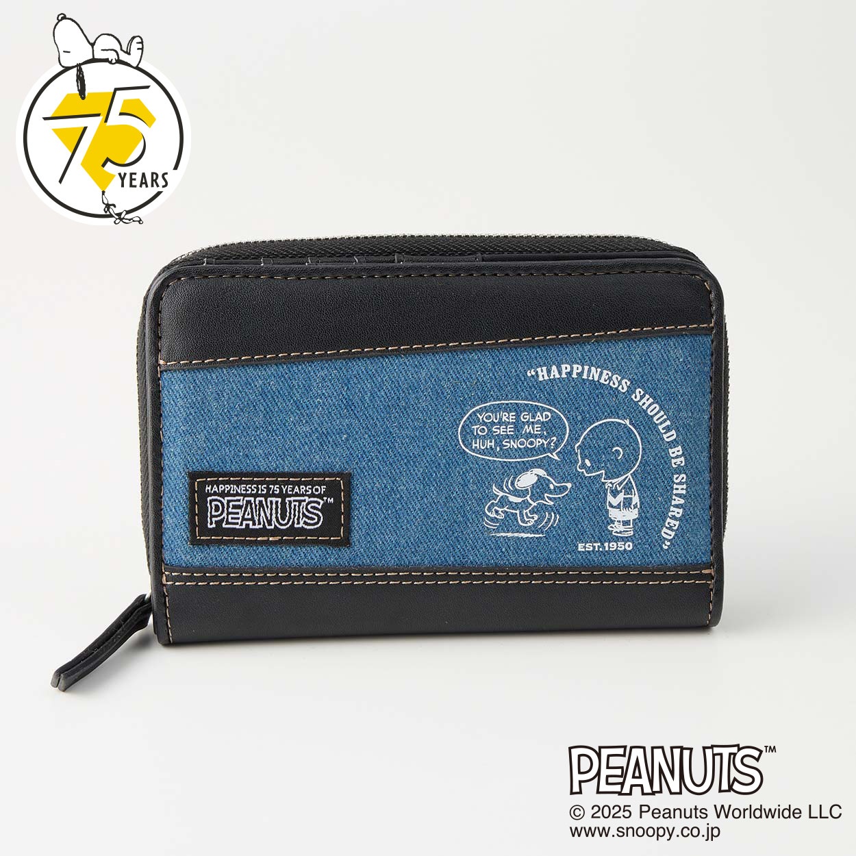 スヌーピー　財布　デニム ピーナッツ（PEANUTS）75周年アートデニムラウンドファスナー折財布