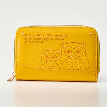 縁起フクロウ アンティークカラー ラウンドファスナー折財布(キイロ-フリー)