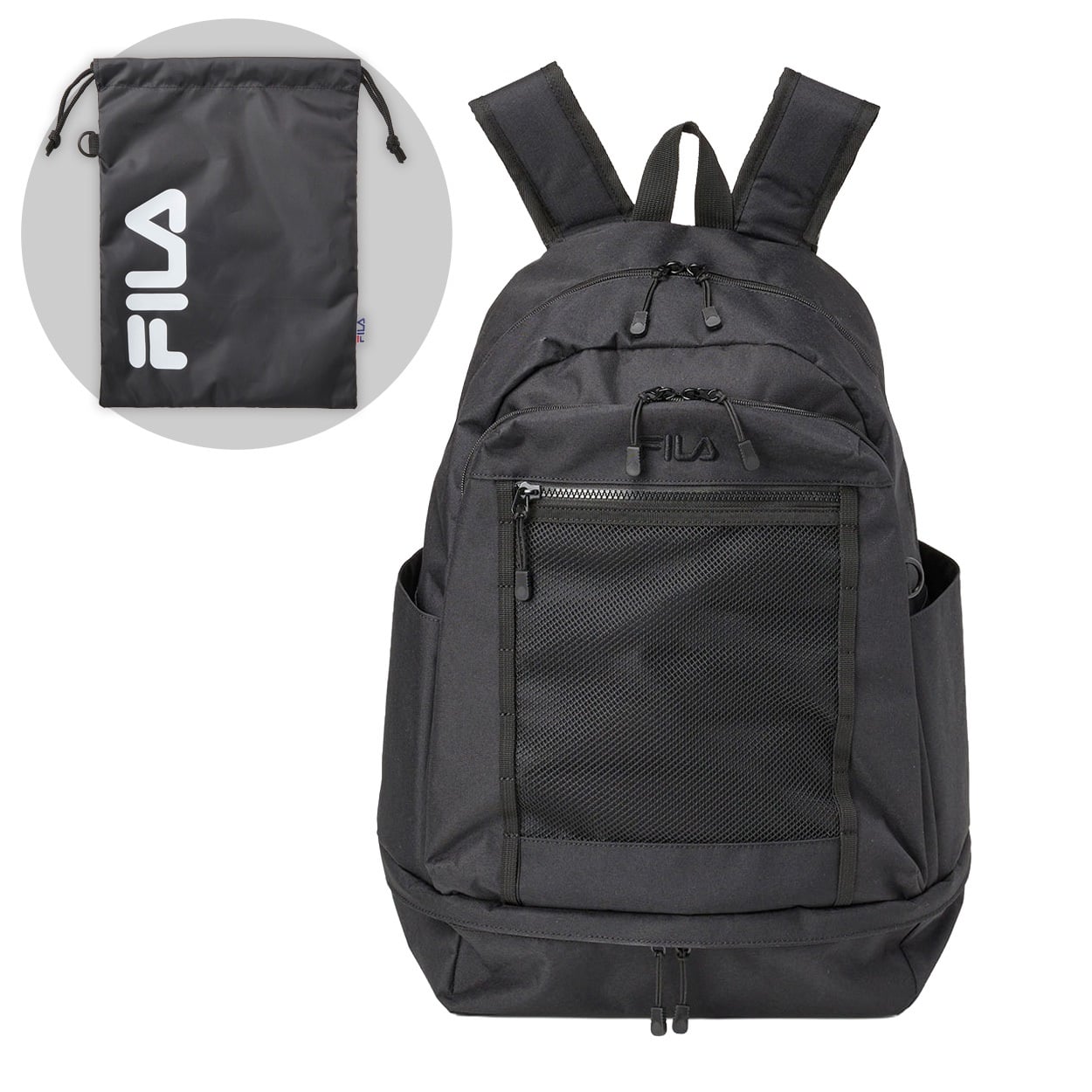 FILA(フィラ) 2層式リュック《文化服装学院 学生アイデア商品》(ブラック×ブラックロゴ-フリー)