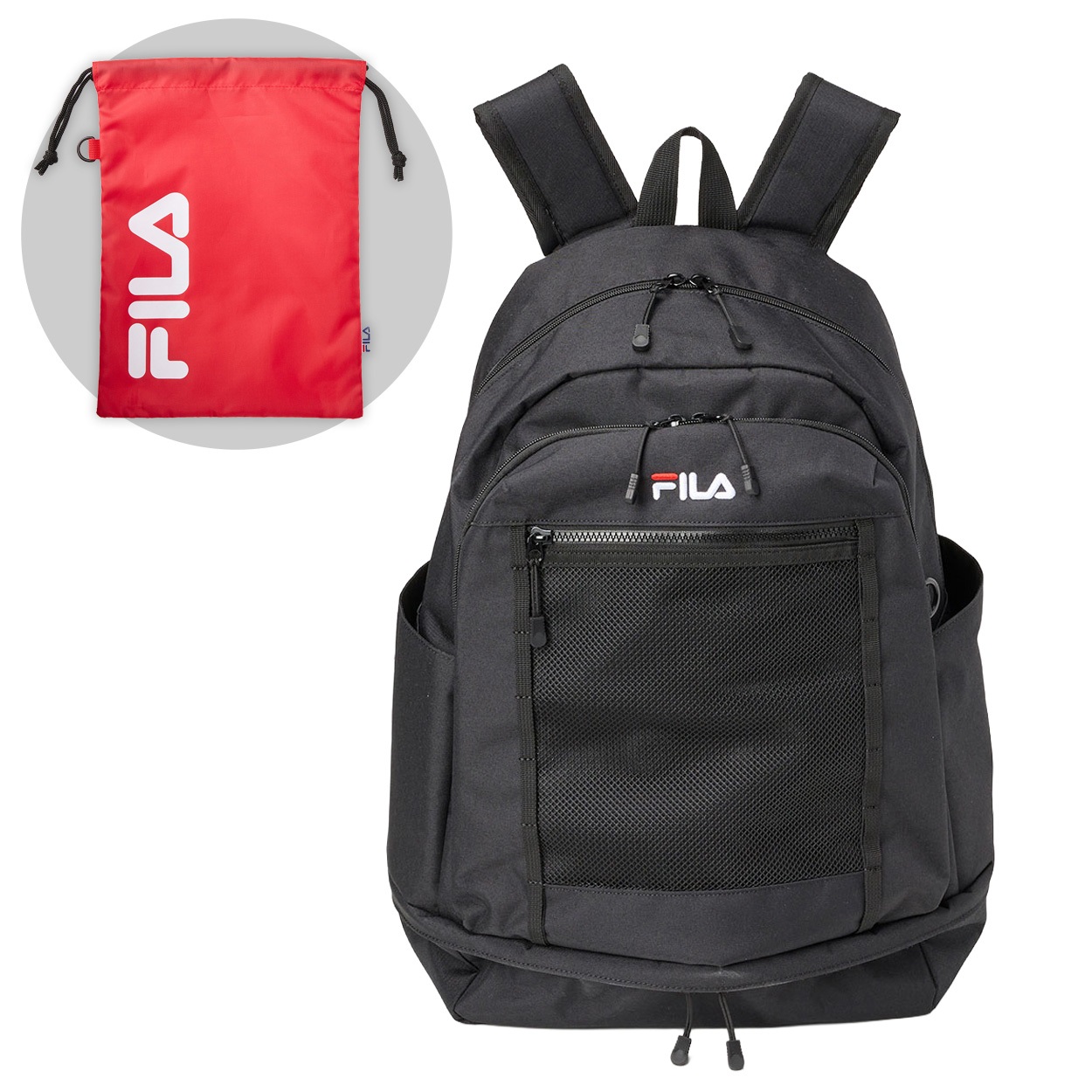 FILA(フィラ) 2層式リュック《文化服装学院 学生アイデア商品》(ブラック×トリコロールロゴ-フリー)
