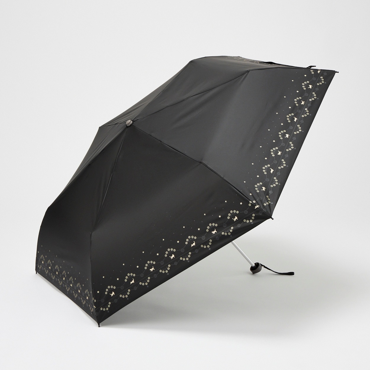 折傘 晴雨兼用 ねこフラワー レディス(クロ-55CM)