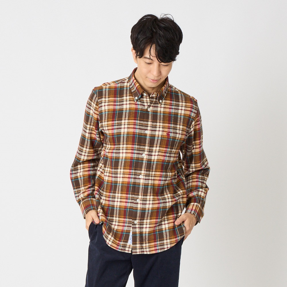 XLサイズ 茶色 青 チェックネルシャツ （50
