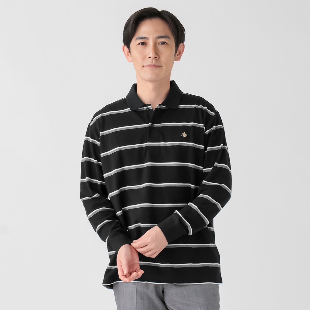 POLO BCS 長袖ボーダーポロシャツ メンズ(クロ-L)