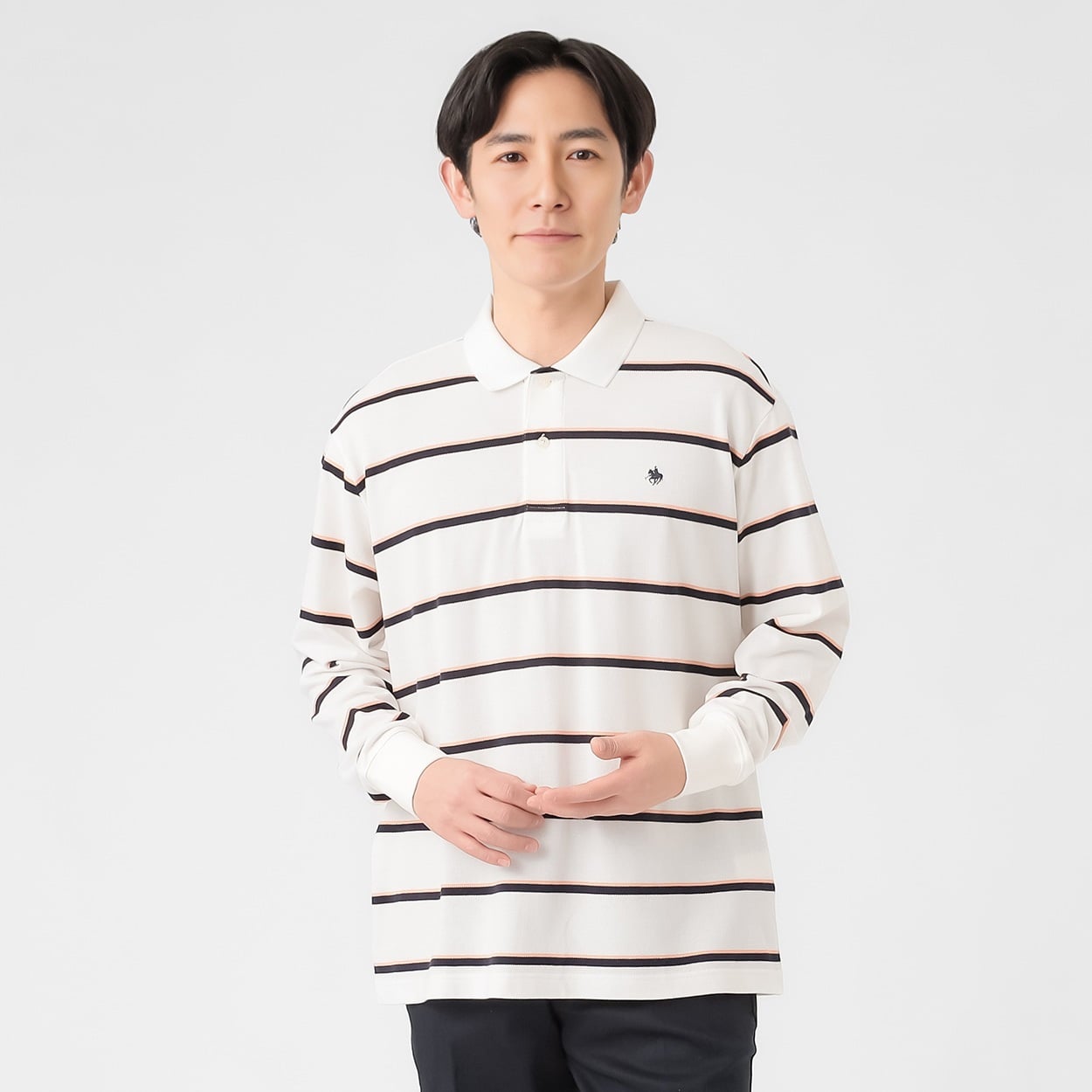 POLO BCS 長袖ボーダーポロシャツ メンズ(アイボリー-XL)
