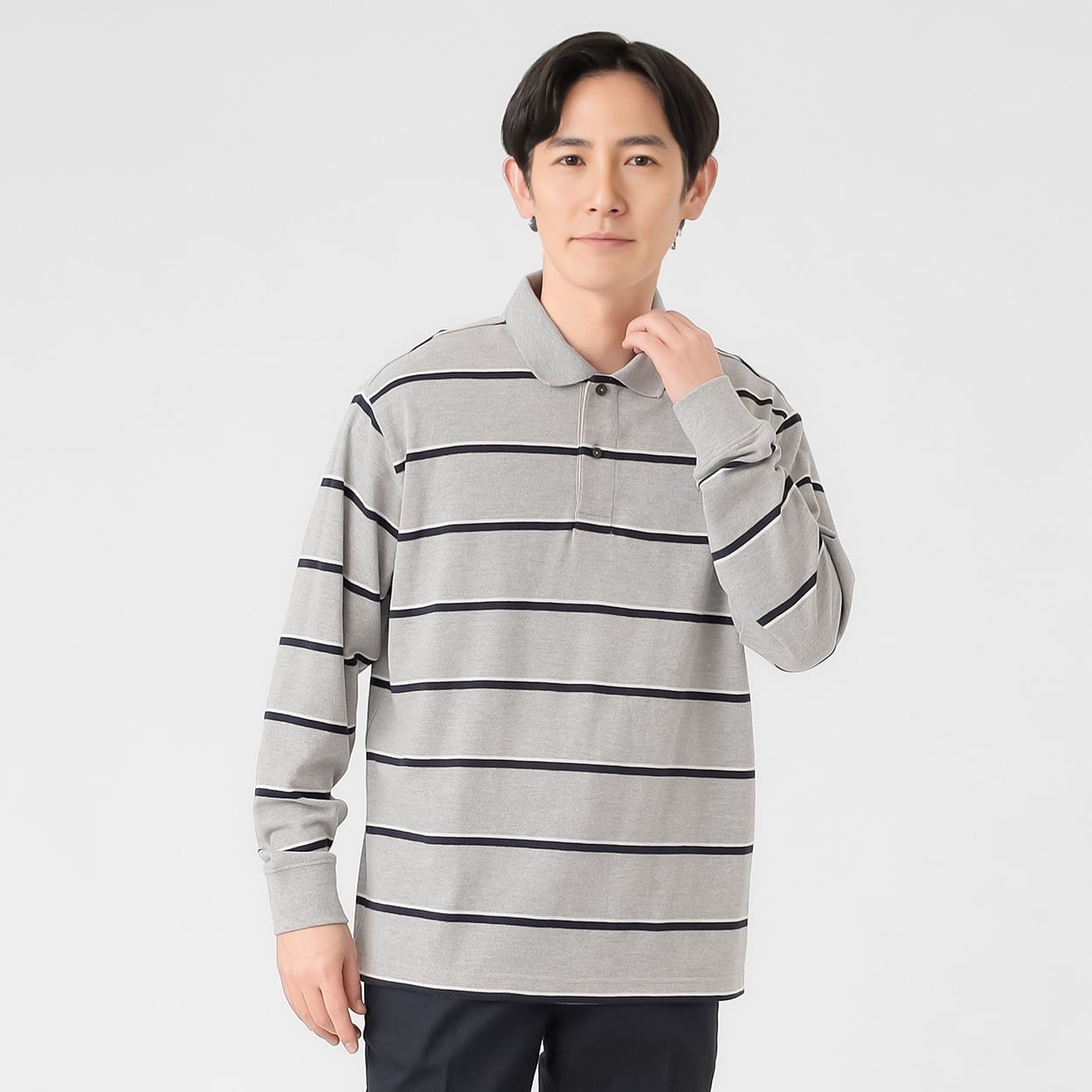 POLO BCS 長袖ボーダーポロシャツ メンズ(ウスクロ-XL)