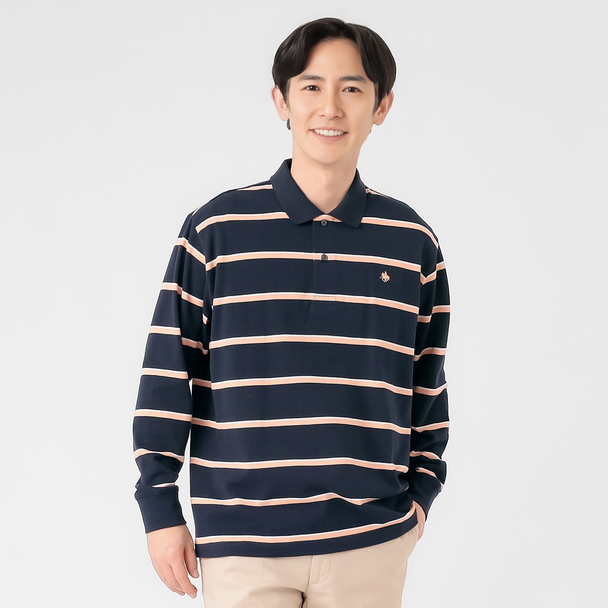 POLO BCS 長袖ボーダーポロシャツ メンズ(コイアオ-XL)